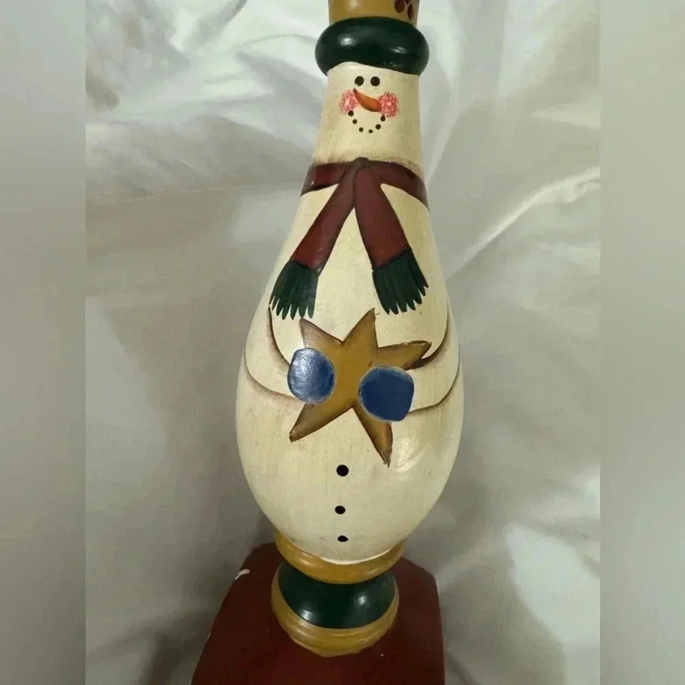 VTG 90’s Candlestick Christmas Snowman Cottagecore Country Wooden Hand Painted - Picture 9 of 11